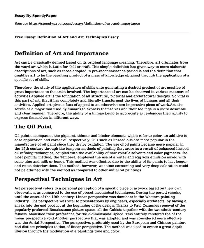 Free Essay: Definition of Art and Art Techniques