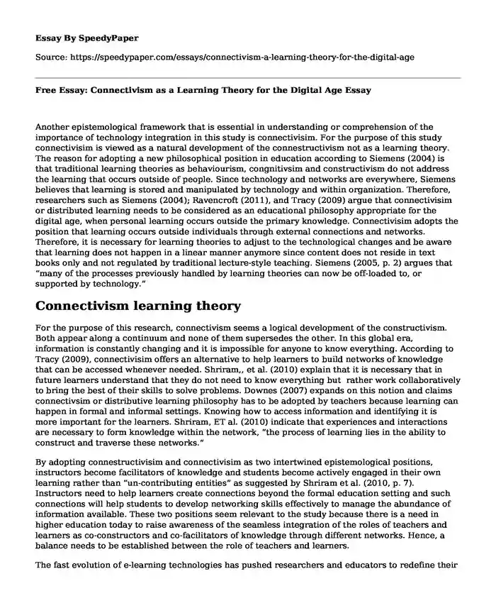 Free Essay: Connectivism as a Learning Theory for the Digital Age