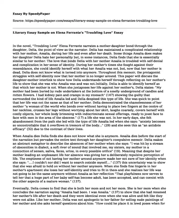 Literary Essay Sample on Elena Ferrante's "Troubling Love"