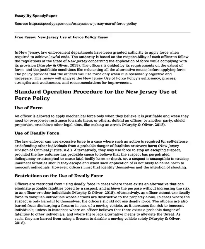 Free Essay: New Jersey Use of Force Policy