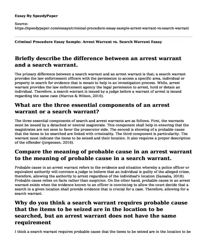 Criminal Procedure Essay Sample: Arrest Warrant vs. Search Warrant