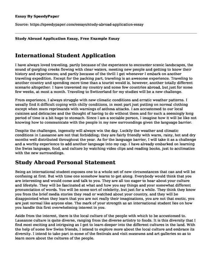 Study Abroad Application Essay, Free Example