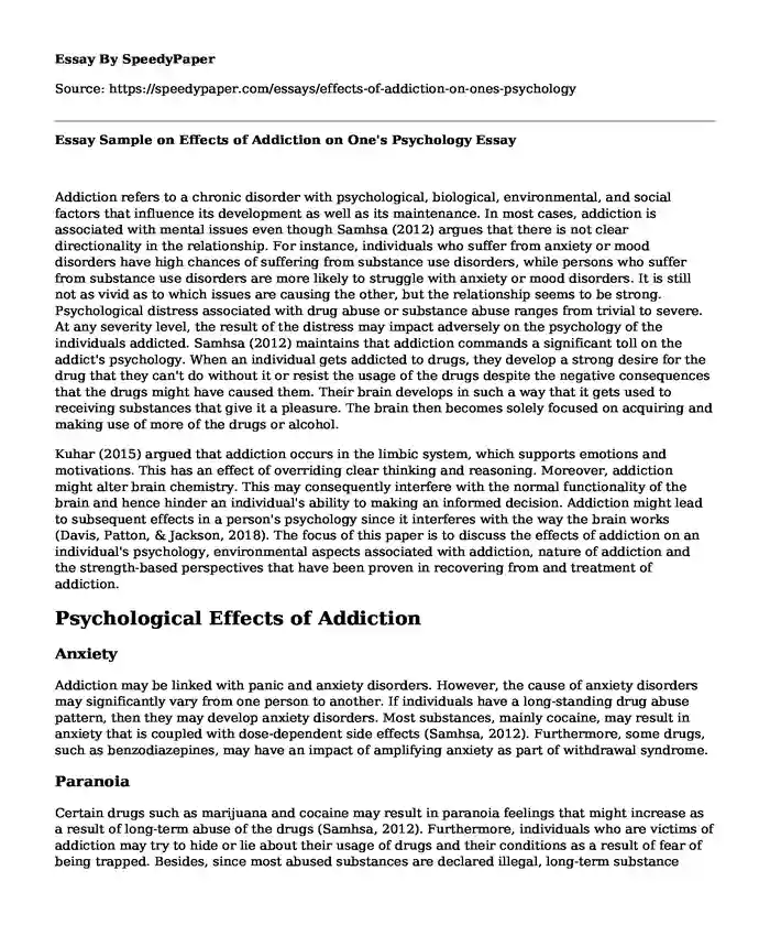 Essay Sample on Effects of Addiction on One's Psychology