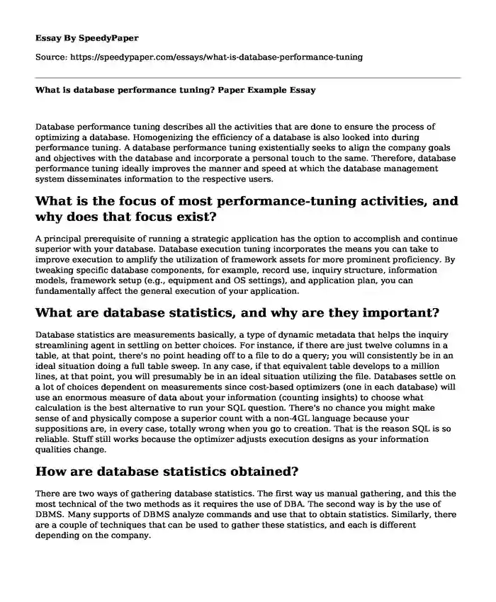 What is database performance tuning? Paper Example