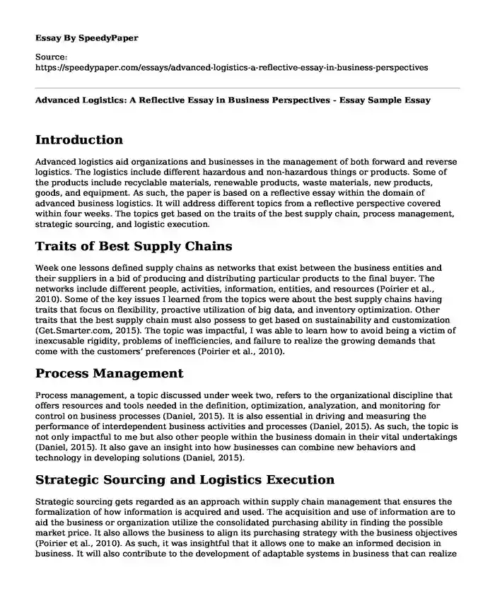Advanced Logistics: A Reflective Essay in Business Perspectives - Essay Sample