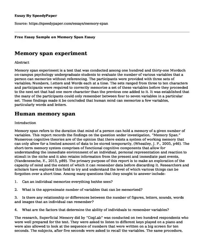 Free Essay Sample on Memory Span