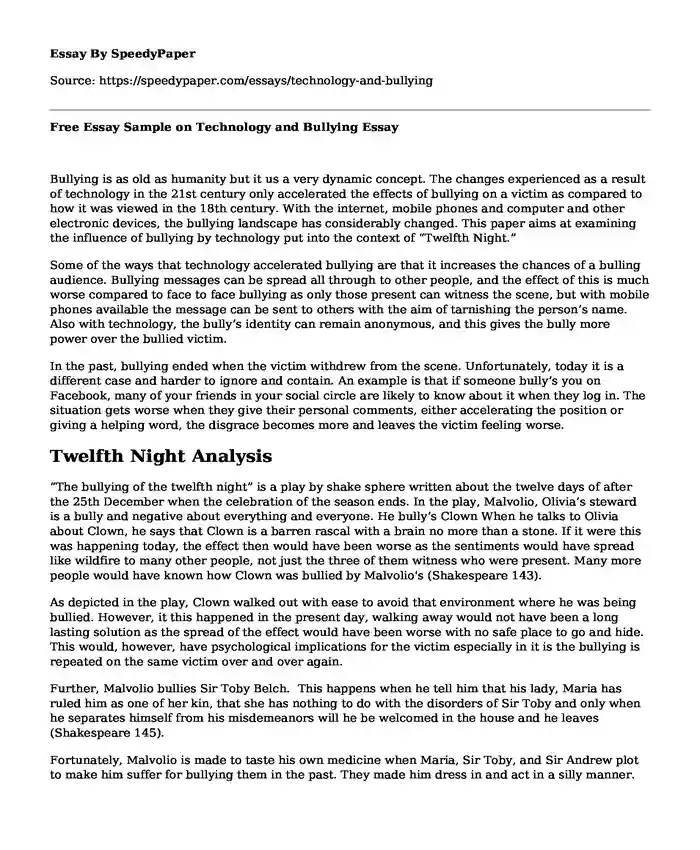 Free Essay Sample on Technology and Bullying