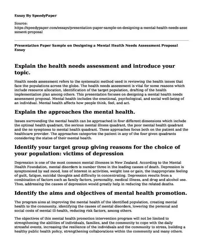 Presentation Paper Sample on Designing a Mental Health Needs Assessment Proposal