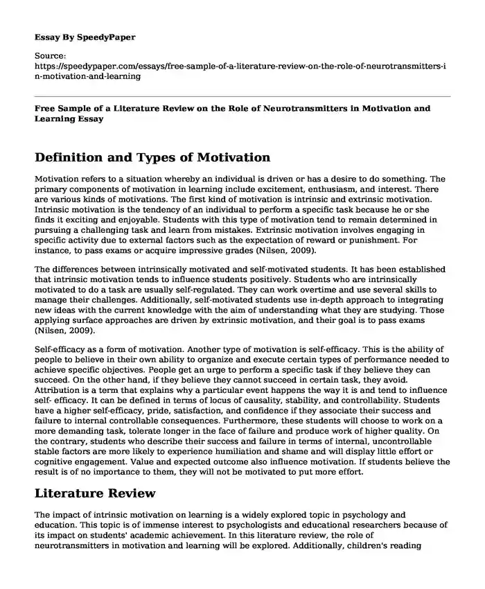 Free Sample of a Literature Review on the Role of Neurotransmitters in Motivation and Learning