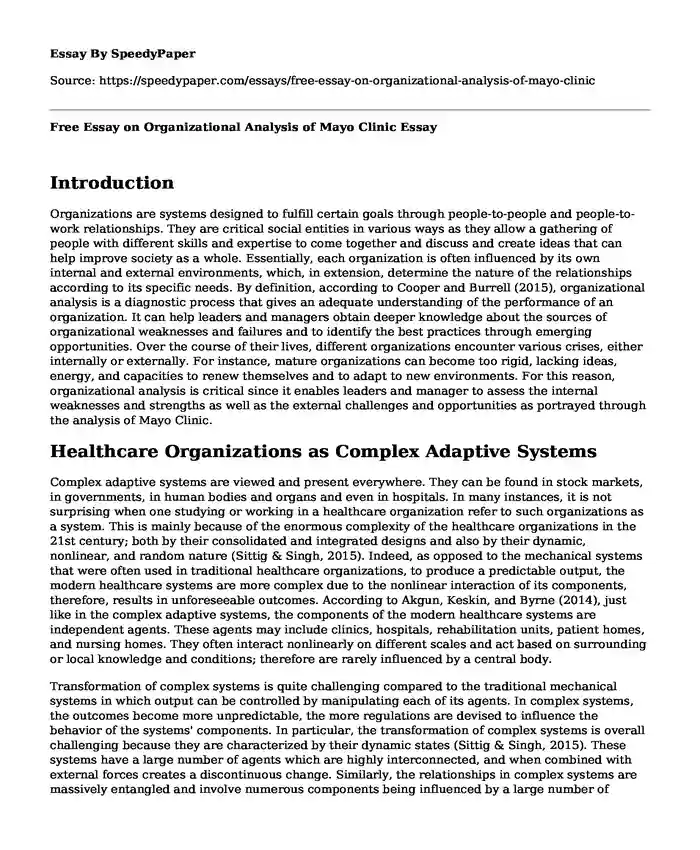 Free Essay on Organizational Analysis of Mayo Clinic