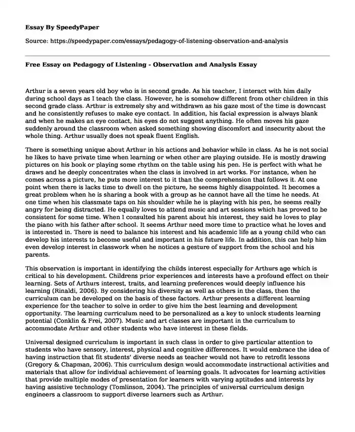 Free Essay on Pedagogy of Listening - Observation and Analysis