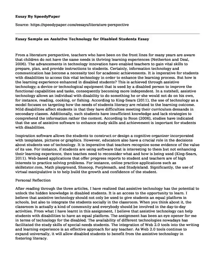 Essay Sample on Assistive Technology for Disabled Students