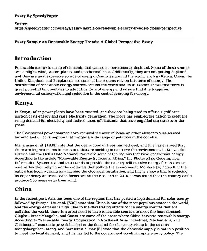 Essay Sample on Renewable Energy Trends: A Global Perspective