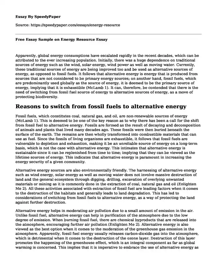 Free Essay Sample on Energy Resource