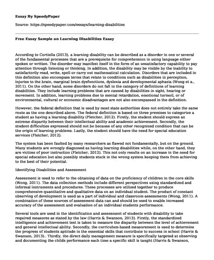 sample essay on learning disabilities