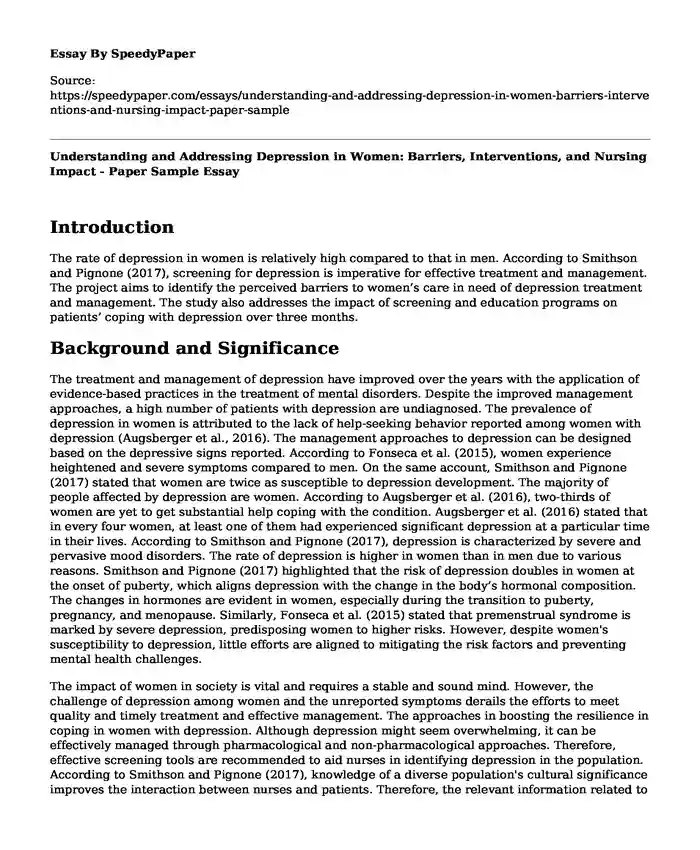 Understanding and Addressing Depression in Women: Barriers, Interventions, and Nursing Impact - Paper Sample