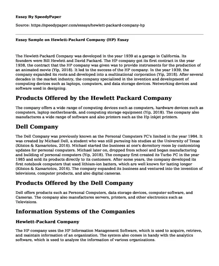Essay Sample on Hewlett-Packard Company (HP)