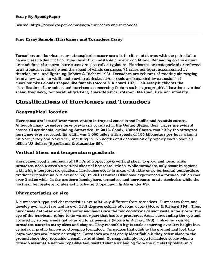 Free Essay Sample: Hurricanes and Tornadoes