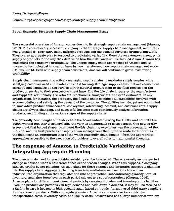 Paper Example. Strategic Supply Chain Management