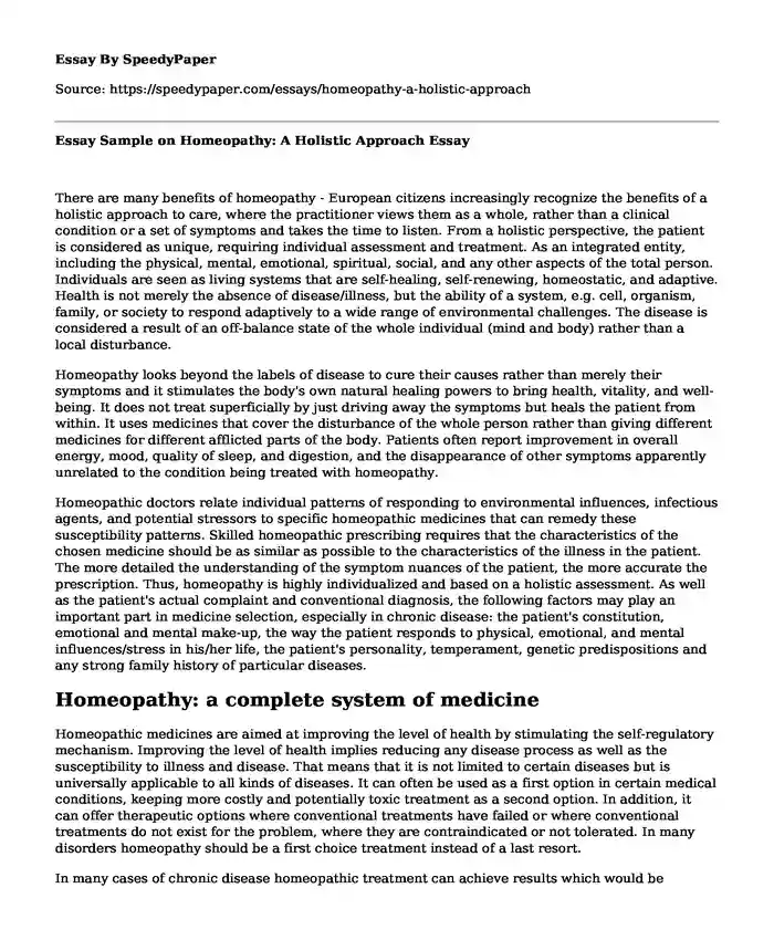 Essay Sample on Homeopathy: A Holistic Approach