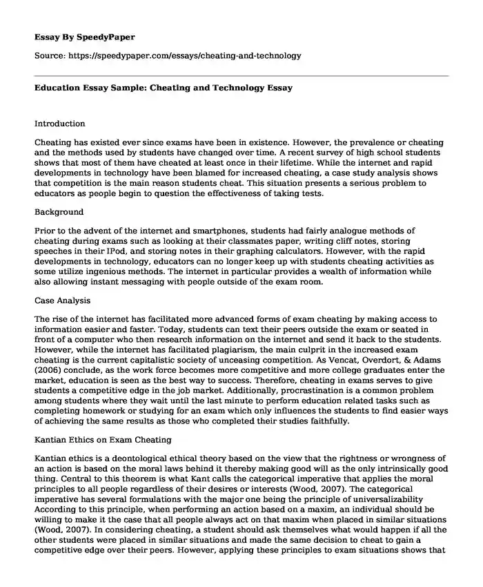 Education Essay Sample: Cheating and Technology