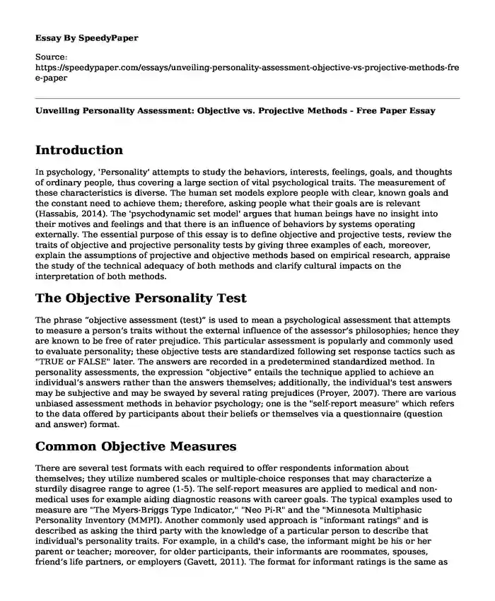 Unveiling Personality Assessment: Objective vs. Projective Methods - Free Paper