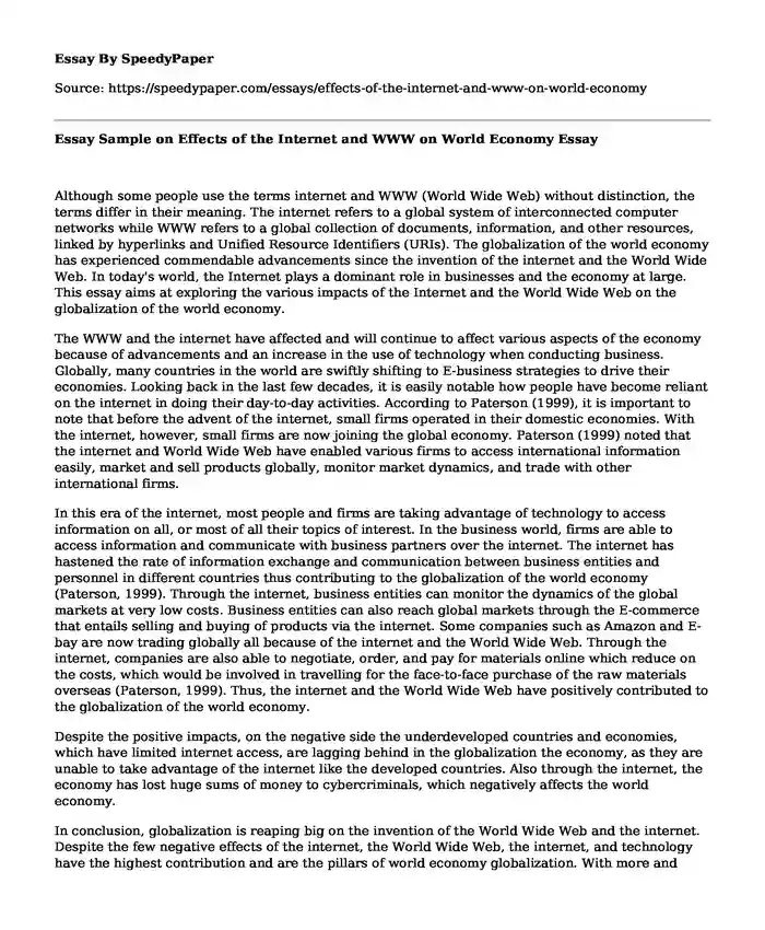 Essay Sample on Effects of the Internet and WWW on World Economy