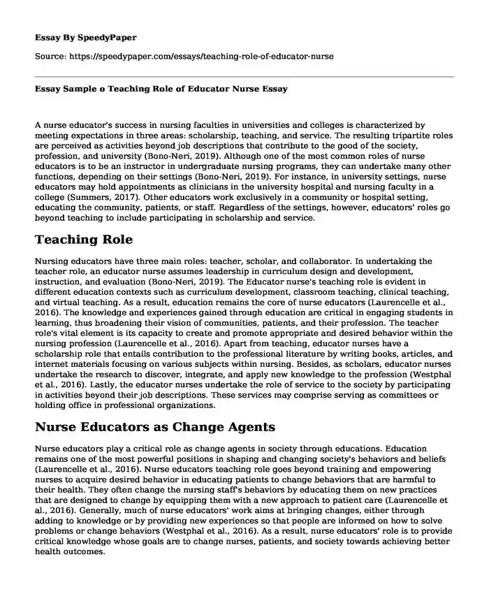 Essay Sample o Teaching Role of Educator Nurse