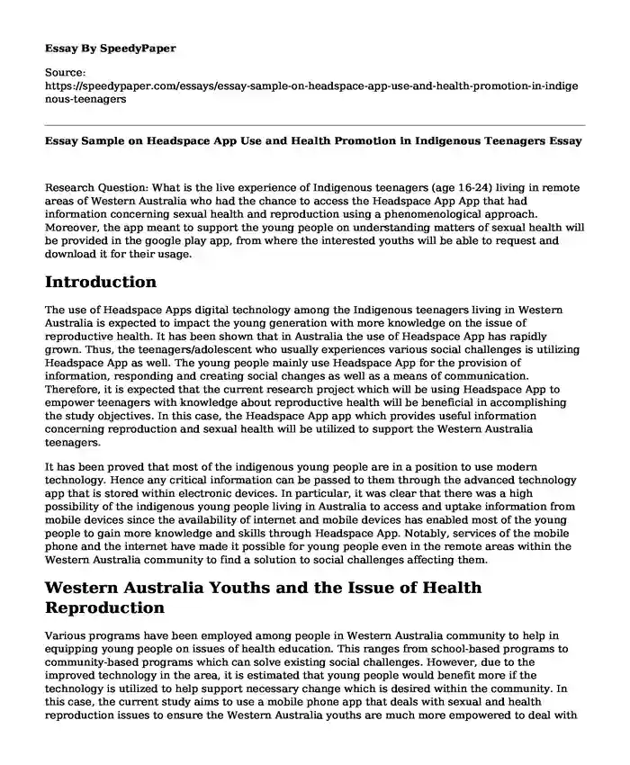 Essay Sample on Headspace App Use and Health Promotion in Indigenous Teenagers