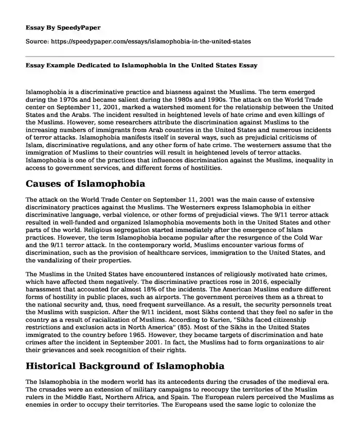 Essay Example Dedicated to Islamophobia in the United States