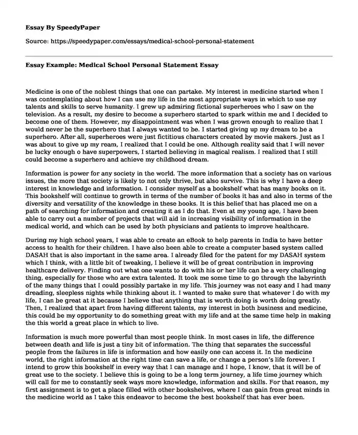 Essay Example: Medical School Personal Statement