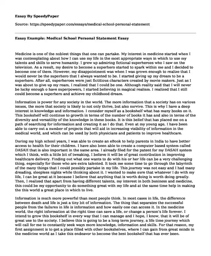  Essay Example Medical School Personal Statement SpeedyPaper