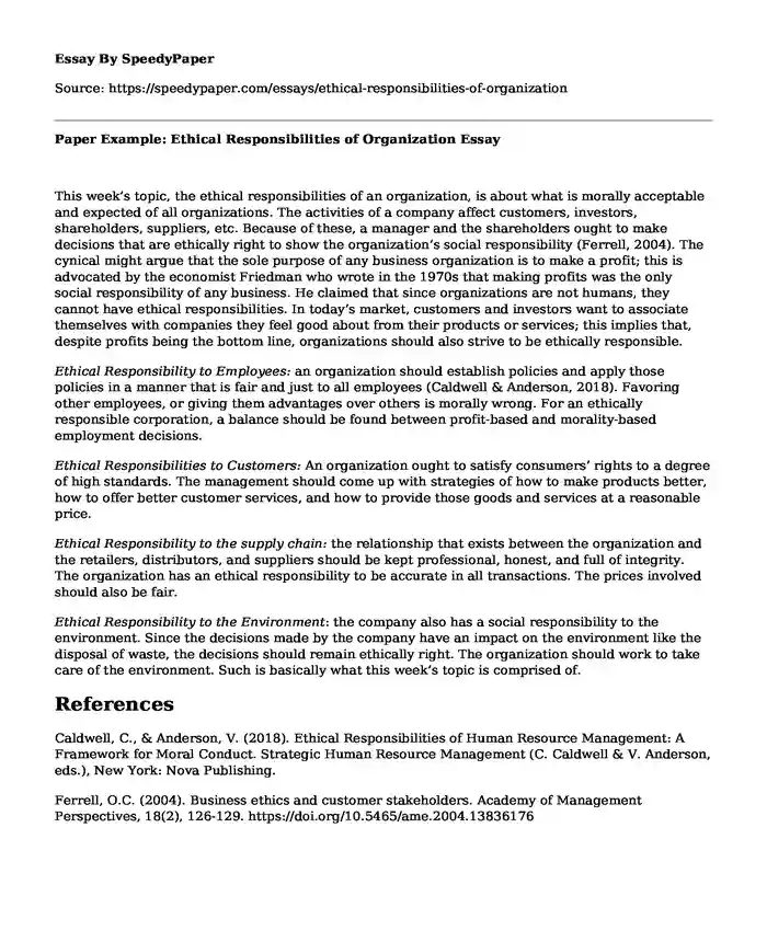 Paper Example: Ethical Responsibilities of Organization