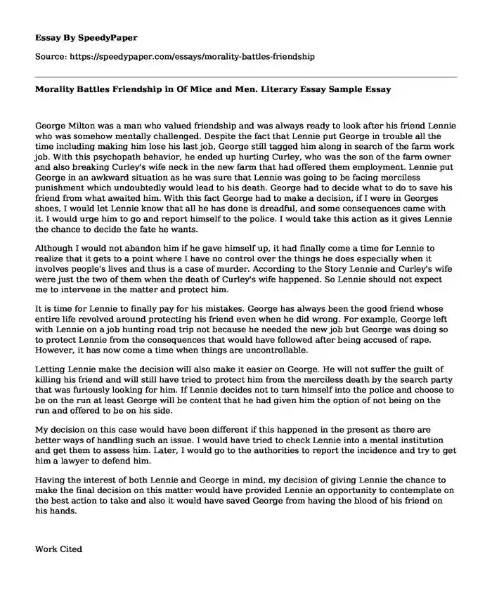 Morality Battles Friendship in Of Mice and Men. Literary Essay Sample