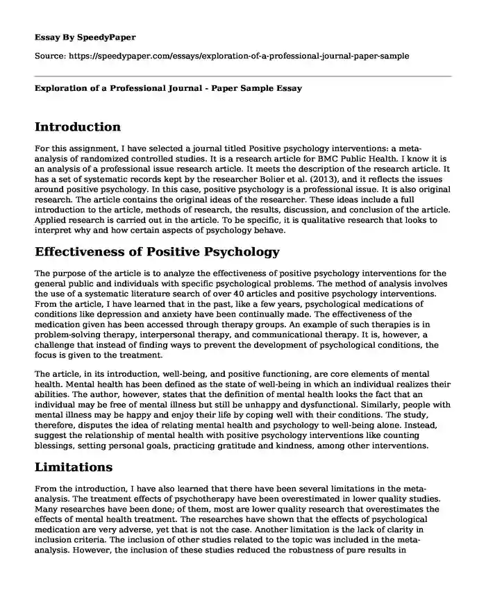 Exploration of a Professional Journal - Paper Sample