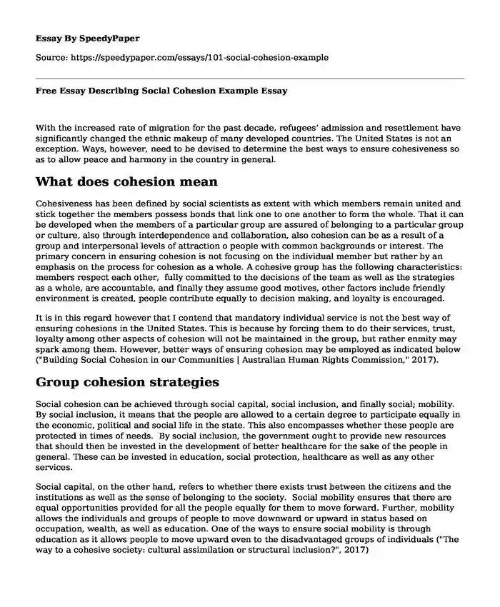 Free Essay Describing Social Cohesion Example