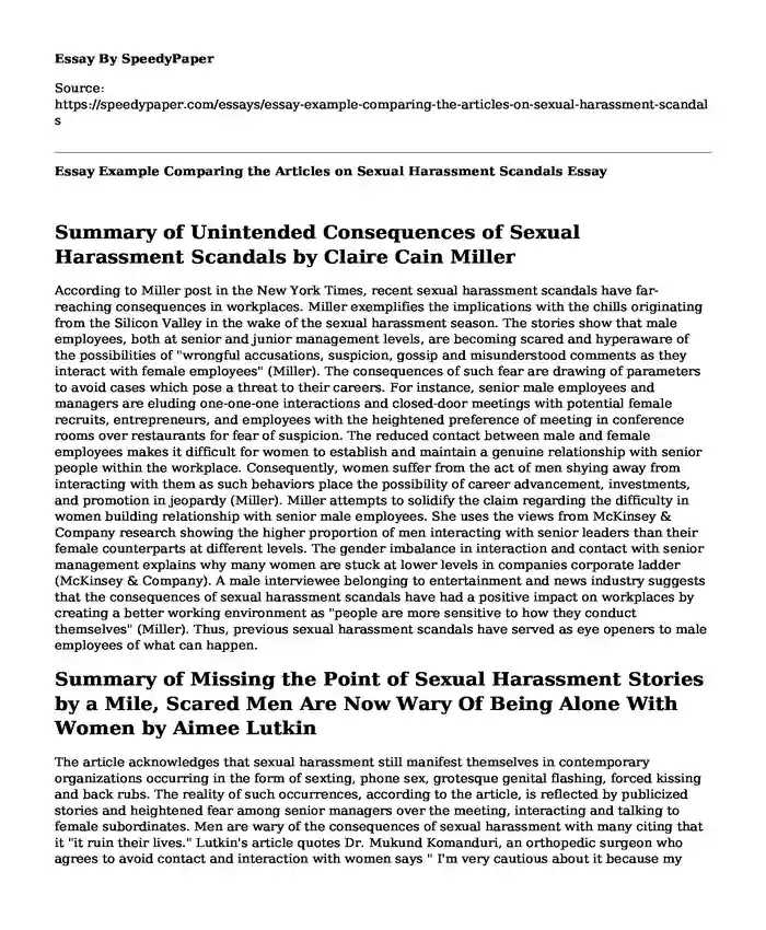 Essay Example Comparing the Articles on Sexual Harassment Scandals