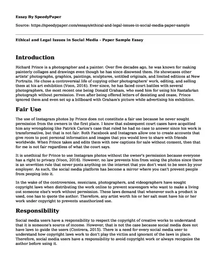 Ethical and Legal Issues in Social Media - Paper Sample
