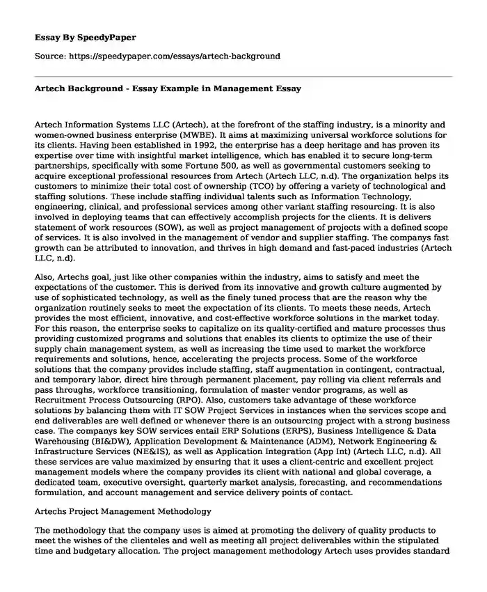 Artech Background - Essay Example in Management