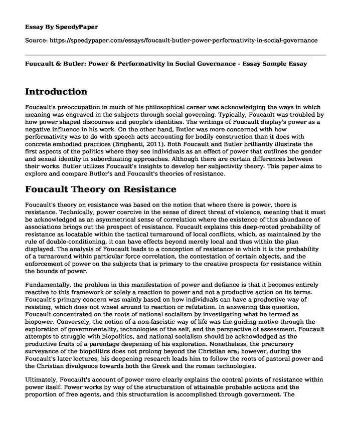 Foucault & Butler: Power & Performativity in Social Governance - Essay Sample