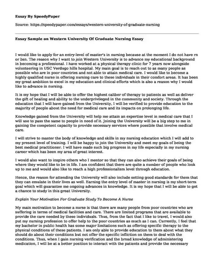 Essay Sample on Western University Of Graduate Nursing