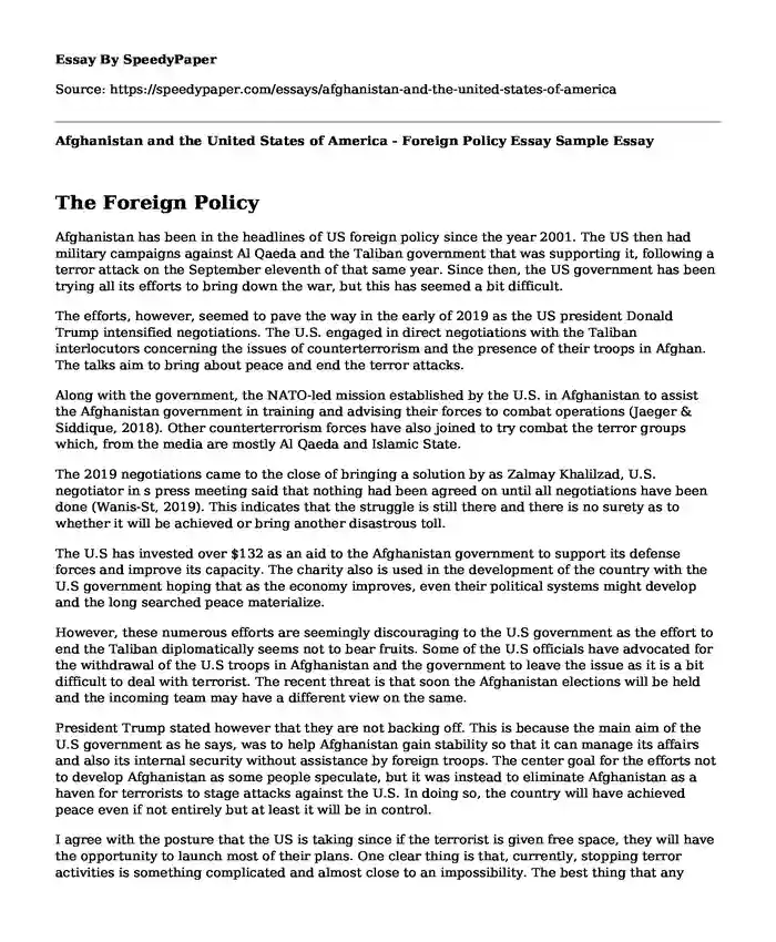 Afghanistan and the United States of America - Foreign Policy Essay Sample