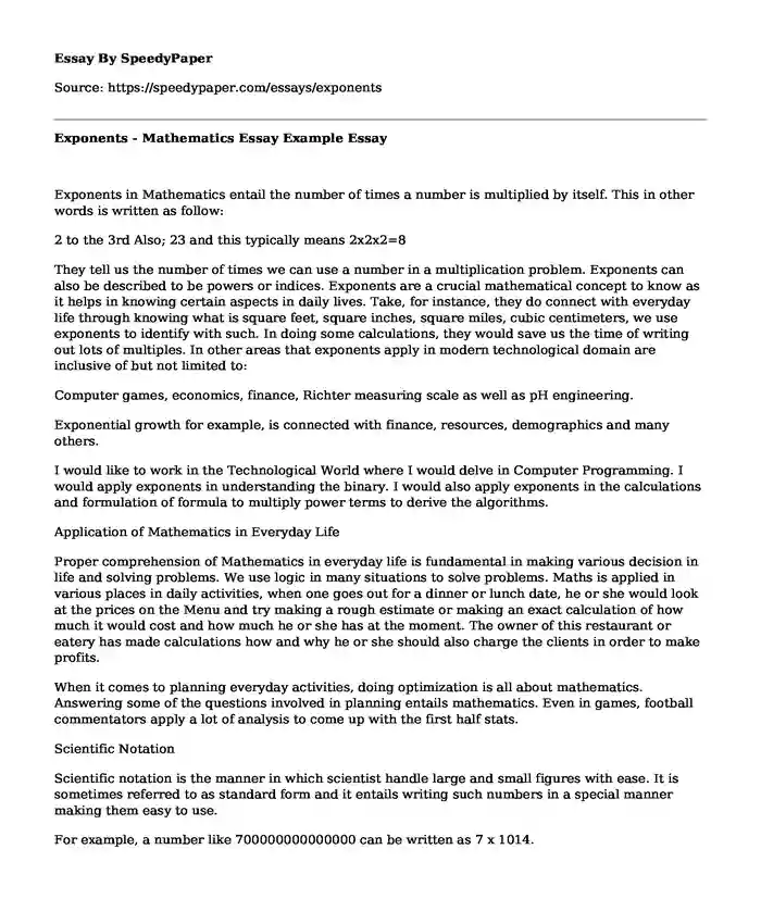 Exponents - Mathematics Essay Example