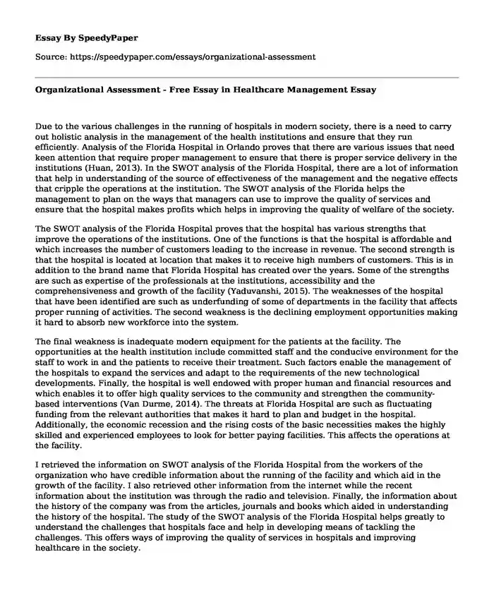 Organizational Assessment - Free Essay in Healthcare Management