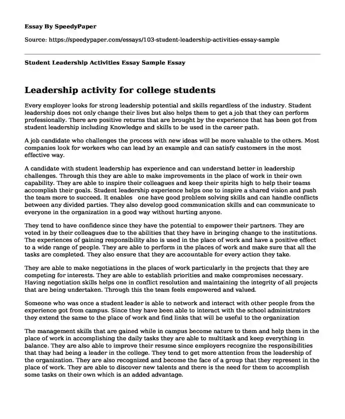 Student Leadership Activities Essay Sample