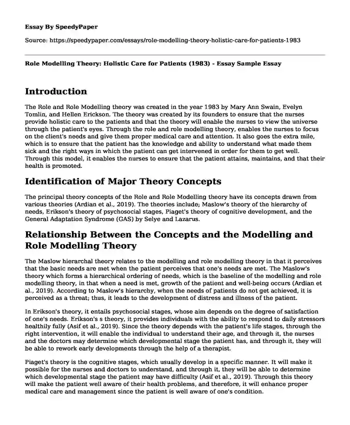 Role Modelling Theory: Holistic Care for Patients (1983) - Essay Sample