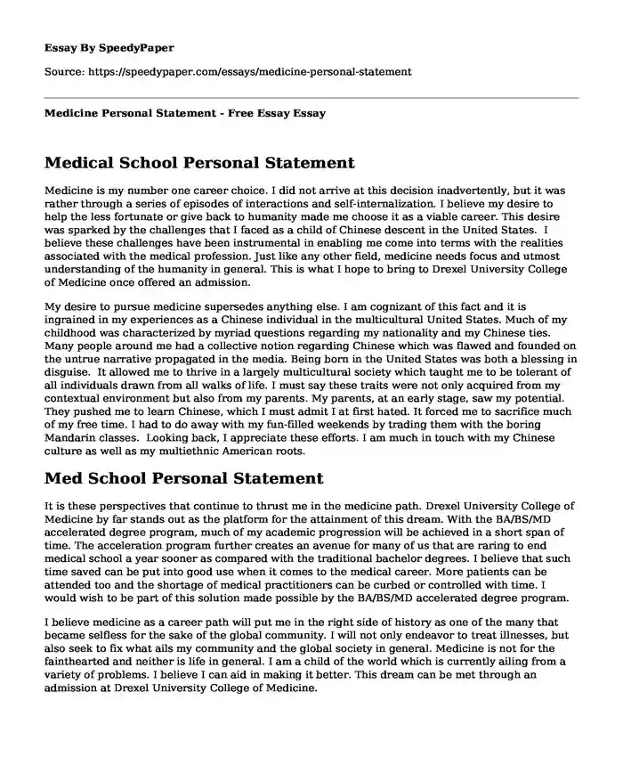 Medicine Personal Statement - Free Essay