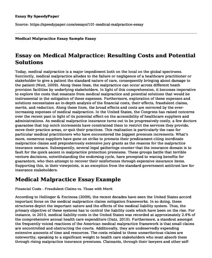 Medical Malpractice Essay Sample