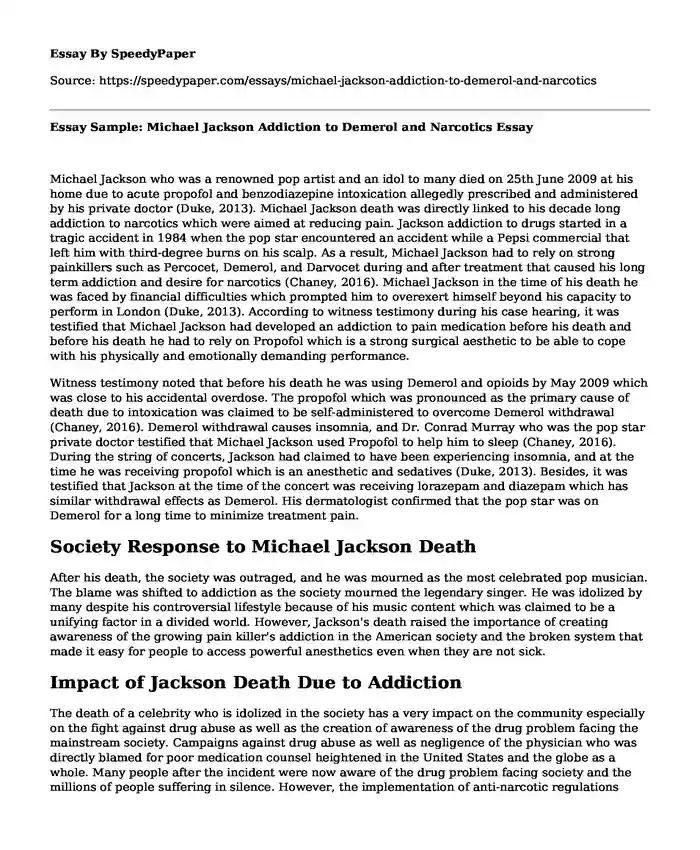 Essay Sample: Michael Jackson Addiction to Demerol and Narcotics