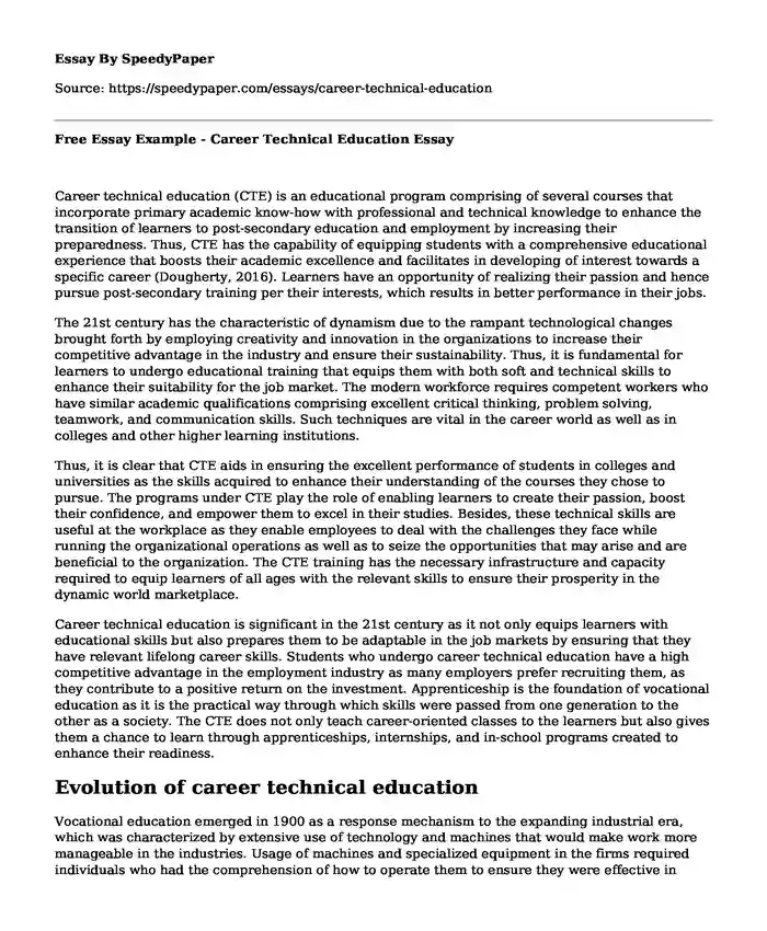 Free Essay Example - Career Technical Education